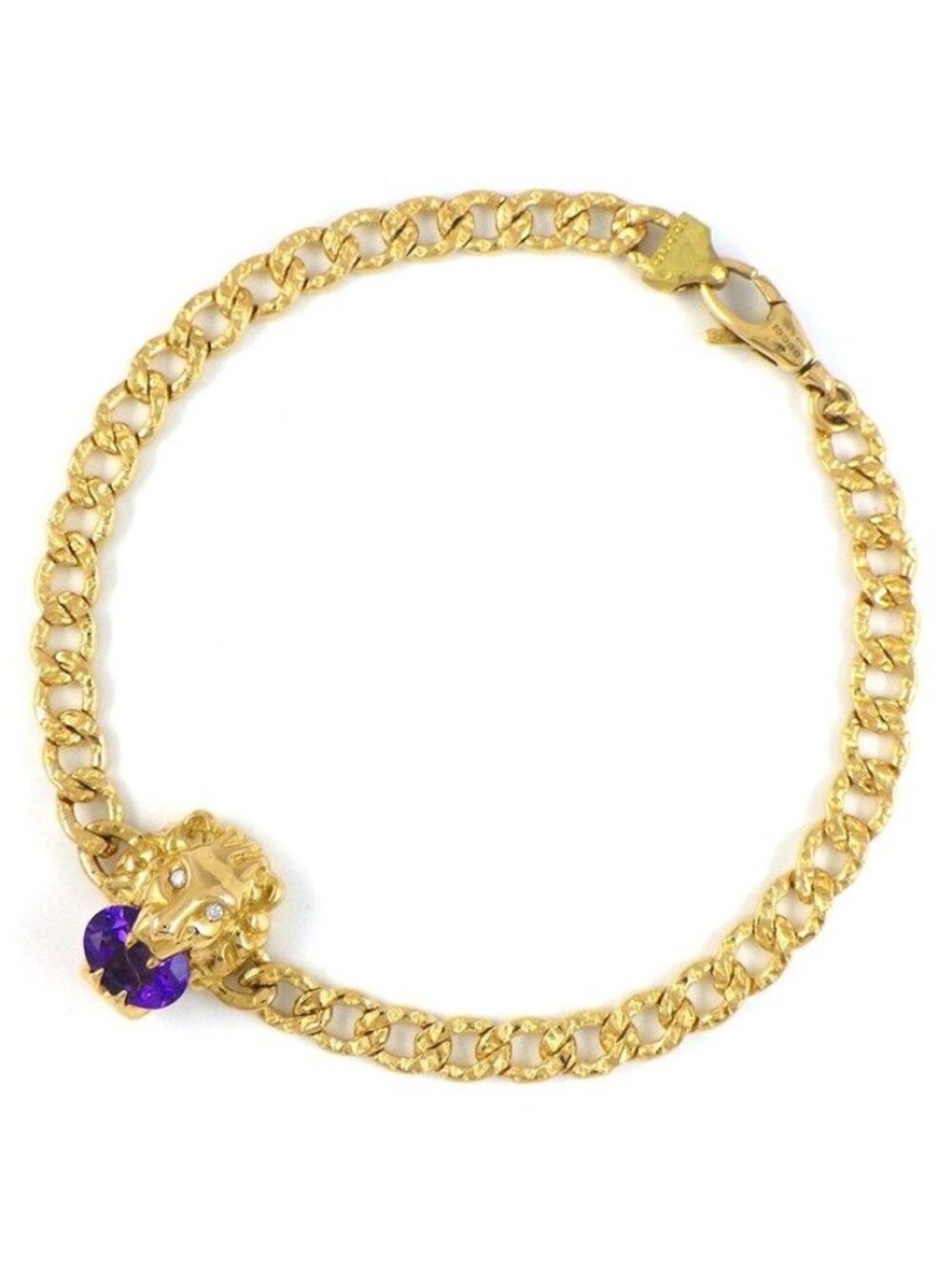 Gucci Bracelet Lion Head 1 Point Oval Amethyst 2 Diamond 18k Yellow Gold 16
